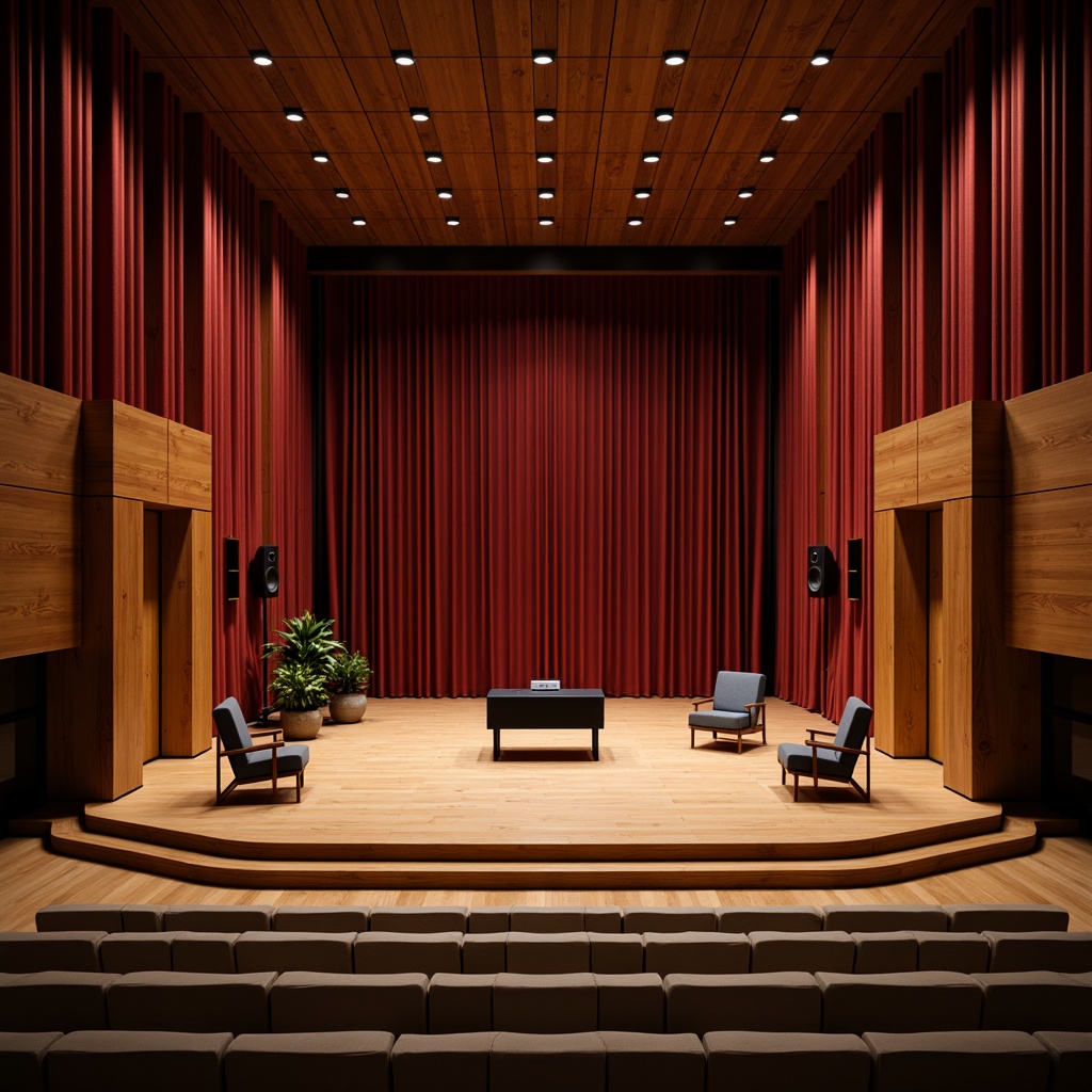 Prompt: Intimate concert hall, rich wood paneling, plush velvet curtains, precision-crafted sound diffusers, sleek aluminum accents, minimalist seating, optimal speaker placement, immersive audio experience, warm ambient lighting, shallow depth of field, 1/2 composition, soft focus, realistic textures, subtle reflections.