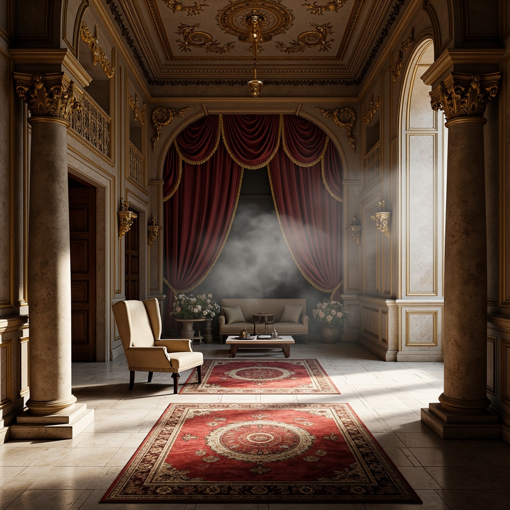 Prompt: Ornate classical columns, carved marble textures, polished granite floors, intricately patterned rugs, velvet drapes, gilded ornaments, ornamental moldings, subtle warm lighting, soft focus, 1/2 composition, symmetrical arrangement, Renaissance-inspired motifs, aged stone walls, rustic wooden accents, luxurious fabrics, richly toned colors, atmospheric perspective, subtle fog effect.