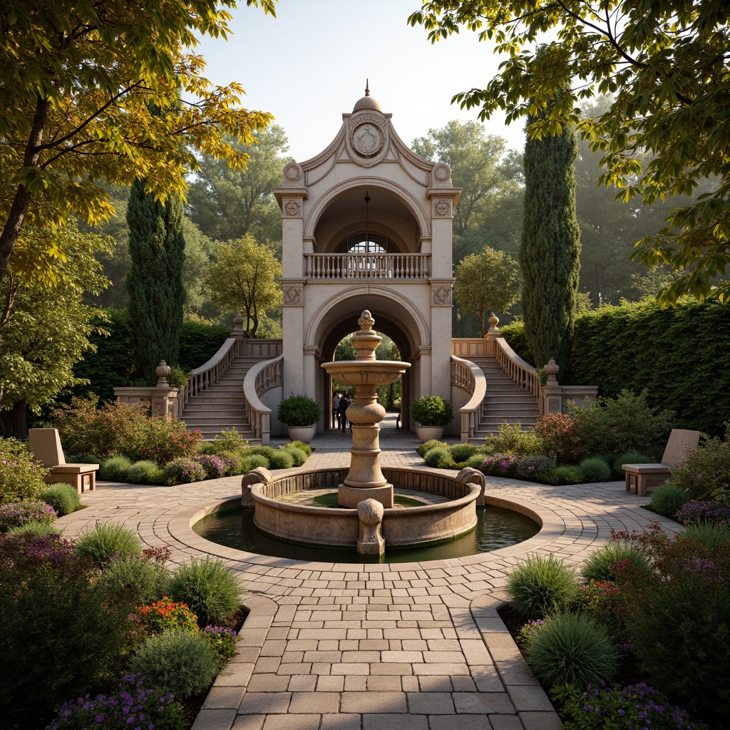 Prompt: Ornate fountain, grandiose statue, lavish garden, intricate stone carvings, ornamental vases, curved staircases, dramatic archways, majestic columns, rustic stone walls, vibrant flowerbeds, lush greenery, meandering pathways, serene pond, rippling water effects, warm golden lighting, soft focus, 1/2 composition, atmospheric perspective, realistic foliage, detailed textures.