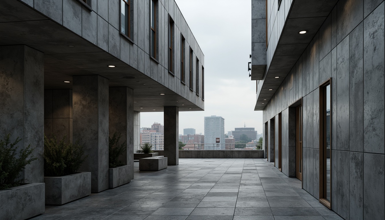 Prompt: Raw concrete walls, rugged textures, monumental structures, industrial materials, brutalist facade, dramatic shadows, harsh direct lighting, angular lines, minimalist decor, exposed ductwork, cold color tones, functional simplicity, urban context, cityscape backdrop, overcast skies, diffused natural light, low-key ambiance, cinematic mood, high-contrast ratios, bold architectural forms, abstract compositions, geometric patterns.