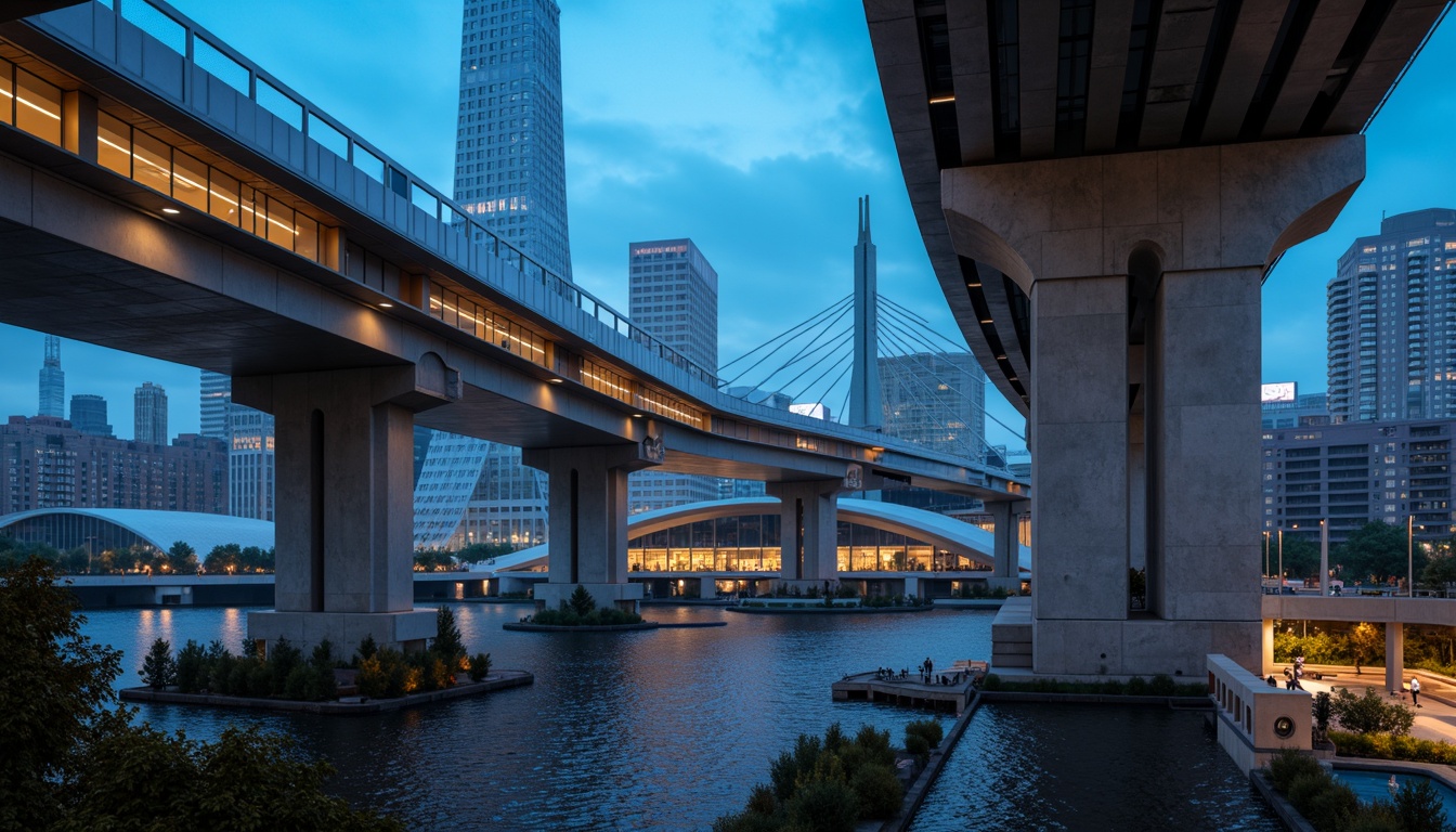 Prompt: Sleek vehicular bridges, modernist architecture, metallic structures, silver coatings, minimalist design, futuristic aesthetic, urban landscapes, city skylines, concrete pillars, suspension cables, steel beams, angular lines, geometric shapes, dynamic lighting, nighttime illumination, shallow depth of field, 3/4 composition, panoramic view, realistic textures, ambient occlusion.