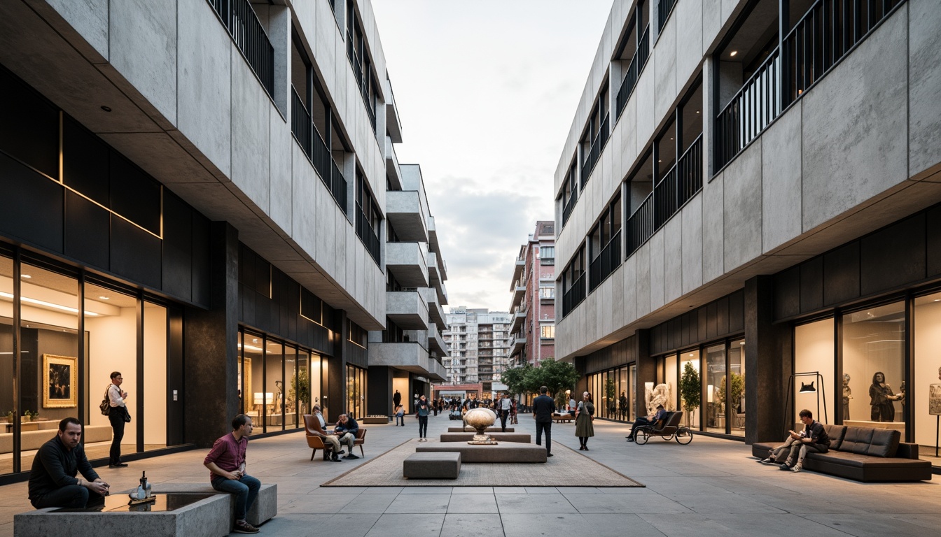 Prompt: Industrial-style buildings, rectangular forms, flat roofs, large windows, steel frames, concrete walls, minimal ornamentation, functional simplicity, raw exposed materials, brutalist aesthetics, bold color contrasts, geometric patterns, abstract sculptures, urban cityscape, busy streets, modern art galleries, avant-garde atmosphere, natural light illumination, high ceilings, open floor plans, minimalist furniture, functional decor, 3/4 composition, symmetrical framing, soft warm lighting, realistic textures.