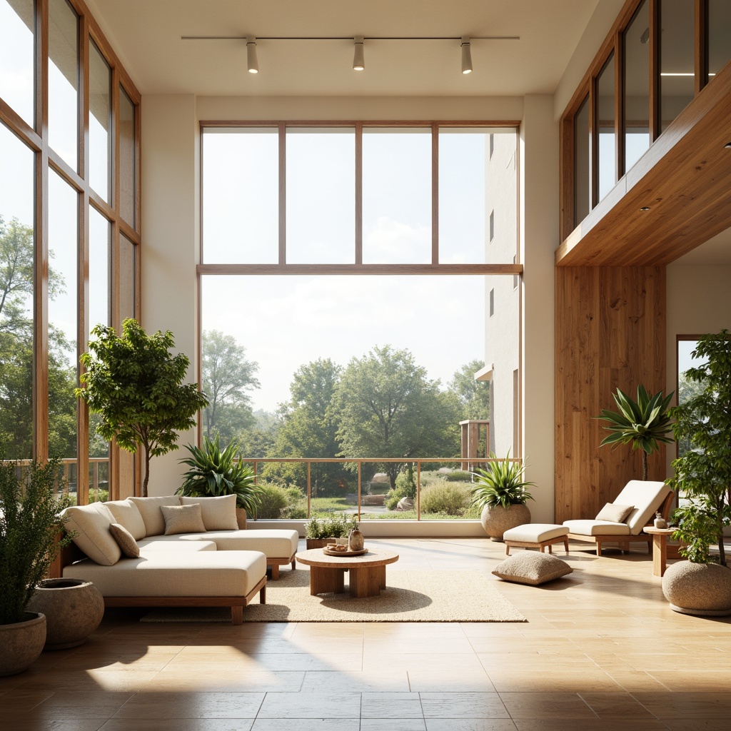 Prompt: Bright airy interior, floor-to-ceiling windows, minimal obstruction, reflective surfaces, warm beige tones, natural wood accents, greenery integration, lush potted plants, soft diffused lighting, ambient shadows, 1/1 composition, realistic textures, subtle color palette, serene atmosphere, calming ambiance, comfortable furniture arrangement, minimalist decor, optimized space planning.