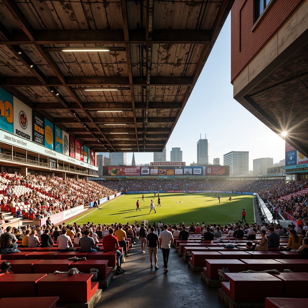 Prompt: Vibrant eclectic soccer stadium, dynamic seating arrangement, bold color scheme, mismatched chairs, distressed wood accents, industrial metal beams, reclaimed brick walls, retro-style signage, nostalgic concession stands, lively crowd atmosphere, afternoon sunbeams, dramatic floodlights, shallow depth of field, 1/1 composition, wide-angle lens, realistic textures, ambient occlusion.