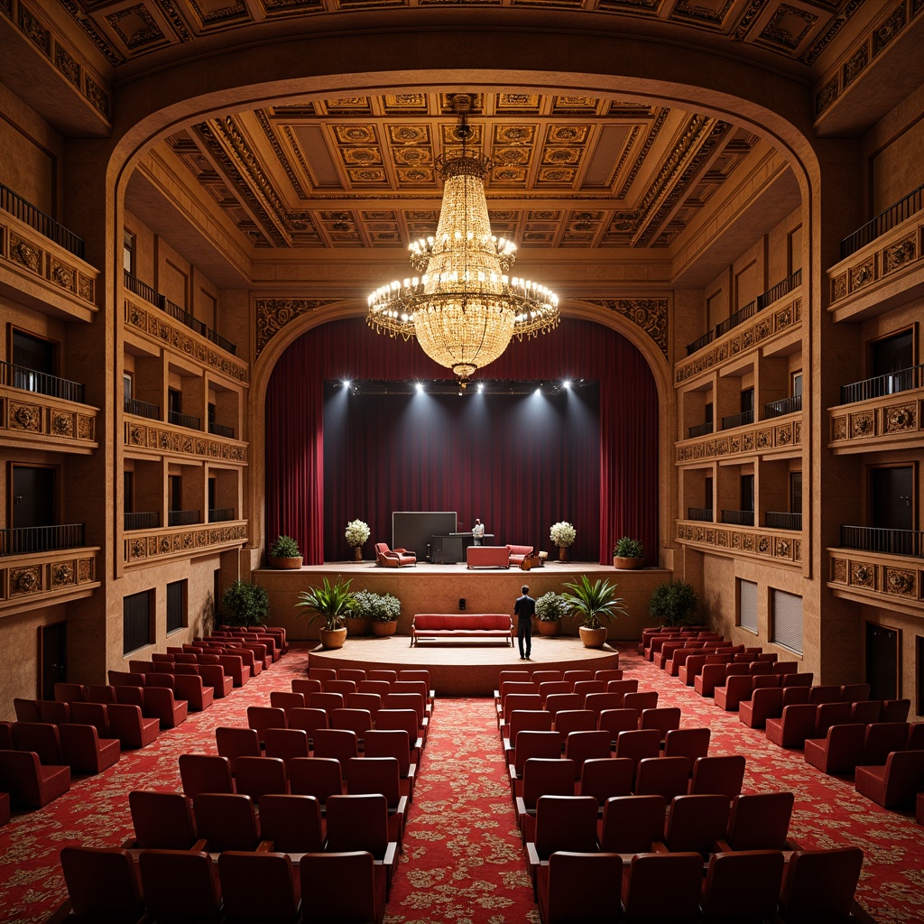 Prompt: Grand auditorium, curved seating rows, tiered platforms, ornate chandeliers, plush red carpets, luxurious velvet curtains, golden accents, intricate ceiling patterns, natural stone walls, polished wooden floors, elevated stage, dramatic spotlights, warm ambient lighting, shallow depth of field, 1/2 composition, realistic textures, ambient occlusion.