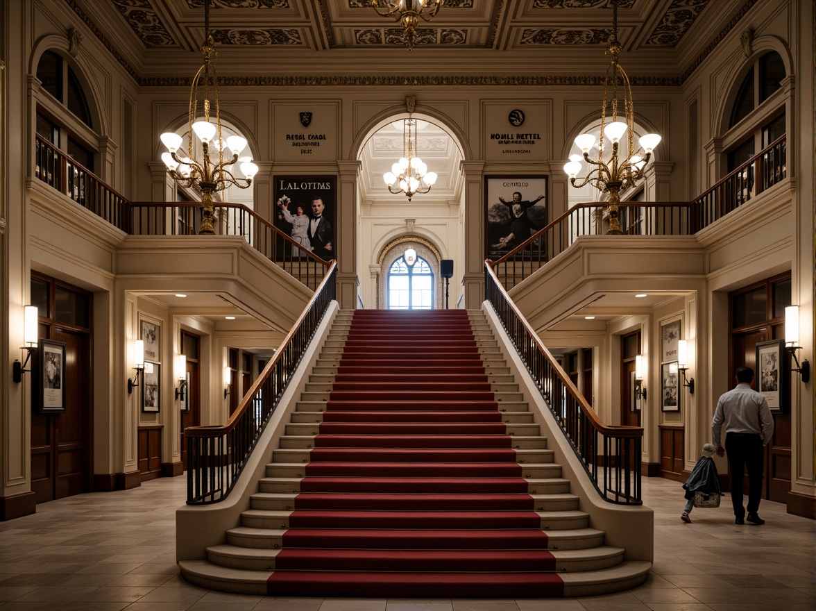 Prompt: Historic cinema building, ornate facade details, grand entrance arches, red carpet stairs, luxurious lobby chandeliers, classic film posters, vintage camera displays, academic institution insignia, neutral color palette, symmetrical composition, warm soft lighting, shallow depth of field, 1/1 aspect ratio, realistic textures, ambient occlusion, subtle cinematic mist.