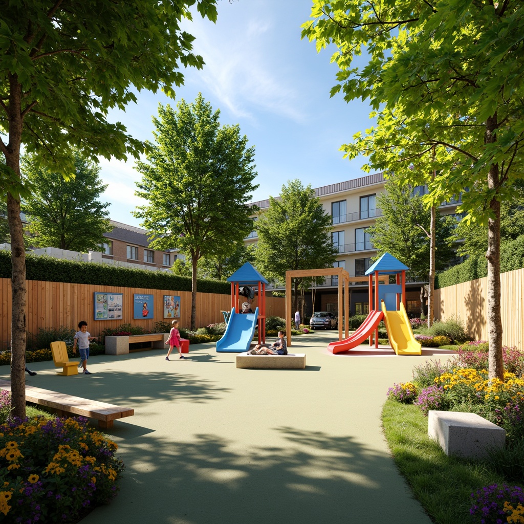 Prompt: Vibrant kindergarten playground, colorful slides, swings, and climbing frames, soft rubber flooring, educational signage, natural stone benches, wooden fences, lush greenery, blooming flowers, shade-providing trees, sunny day, warm lighting, shallow depth of field, 3/4 composition, panoramic view, realistic textures, ambient occlusion.