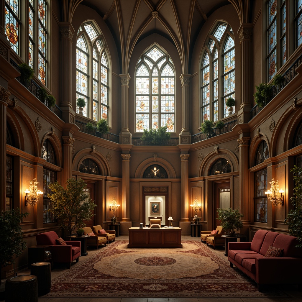 Prompt: Grandiose office interior, high ceilings, pointed arches, ribbed vaults, flying buttresses, stained glass windows, intricate stone carvings, ornate metalwork, warm golden lighting, soft ambient illumination, dramatic spotlights, mysterious shadows, luxurious wood paneling, rich velvet upholstery, majestic chandeliers, mystical atmosphere, atmospheric fog, cinematic composition, low-key lighting, 2.35 aspect ratio, shallow depth of field.