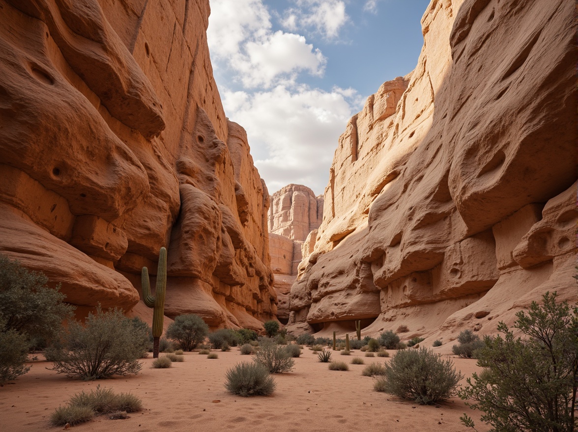 Prompt: Earthy canyon walls, rugged rock formations, weathered stone textures, natural erosion patterns, warm beige color palette, sandy dunes, scattered cacti, vast open skies, dramatic cloud formations, golden hour soft lighting, low-angle shot, 1/2 composition, atmospheric perspective, realistic rock normal maps, ambient occlusion.