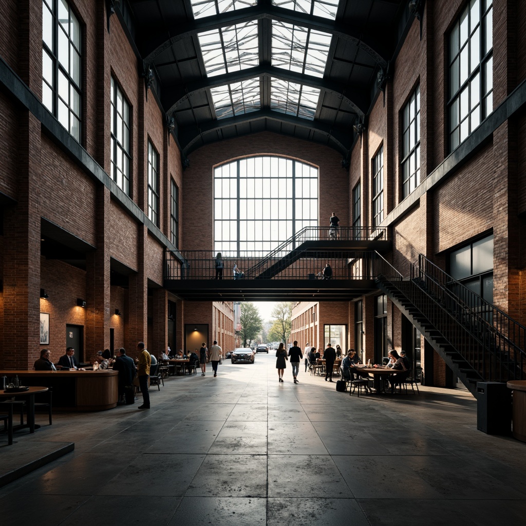 Prompt: Industrial-chic courthouse, minimalist architecture, exposed brick walls, steel beams, large windows, natural light pouring in, soft warm lighting, overhead skylights, metal staircase, raw concrete floors, functional design, geometric shapes, monochromatic color scheme, bold typography, modernist influences, urban surroundings, busy streets, cityscape views, dramatic shadows, high-contrast lighting, atmospheric ambiance, cinematic mood, 1/2 composition, low-angle shot, realistic textures, ambient occlusion.