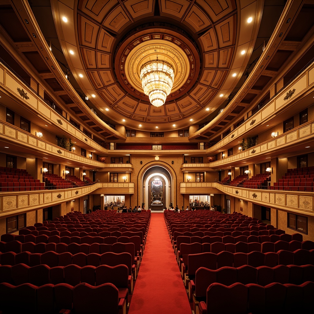 Prompt: Grand auditorium, curved seating rows, stepped platforms, ornate balconies, majestic chandeliers, rich wood paneling, plush red carpets, tiered levels, acoustic soundproofing, state-of-the-art lighting systems, dramatic spotlights, warm golden lighting, shallow depth of field, 2/3 composition, symmetrical axis, grand entrance doors, elegant foyer spaces, sweeping staircases, luxurious VIP areas, intimate performance settings, lively audience atmosphere, soft focus blur, cinematic camera angles.