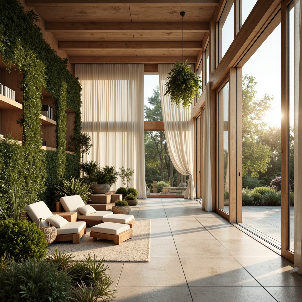 Prompt: Bright airy interior, large windows, sliding glass doors, natural stone flooring, wooden accents, minimalist decor, lush greenery, living walls, floor-to-ceiling curtains, sheer fabrics, warm beige tones, soft diffused light, gentle shadows, cozy reading nooks, inviting atmosphere, relaxed ambiance, morning sunlight, afternoon warmth, evening glow, 1/1 composition, realistic textures, ambient occlusion.