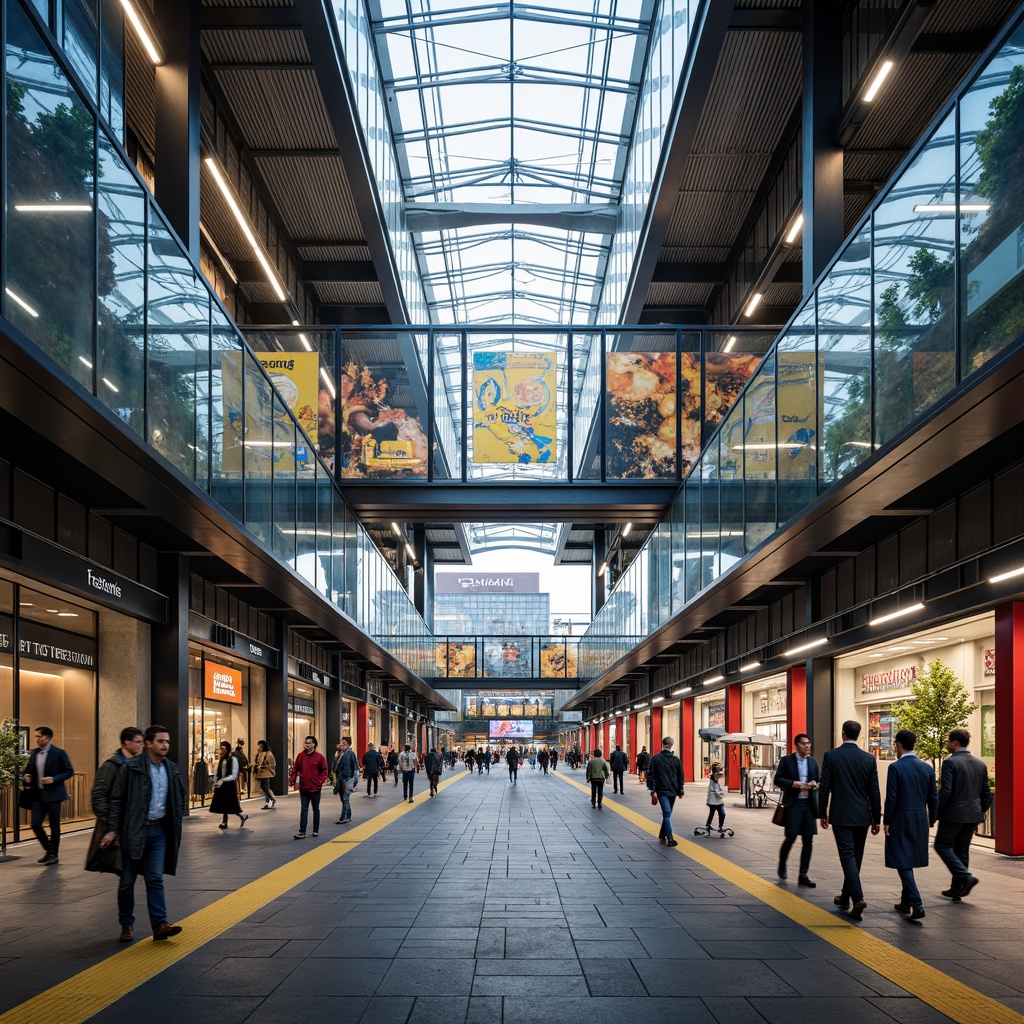 Prompt: Dynamic tram station, industrial aesthetic, exposed metal beams, bold geometric shapes, abstract patterns, vibrant primary colors, urban landscape, city streets, busy pedestrian traffic, modern transportation hub, sleek glass canopies, cantilevered roofs, angular columns, metallic textures, brutalist architecture, functional design, efficient layout, natural stone flooring, stainless steel accents, futuristic ambiance, high-contrast lighting, dramatic shadows, 1/2 composition, symmetrical framing, realistic reflections.