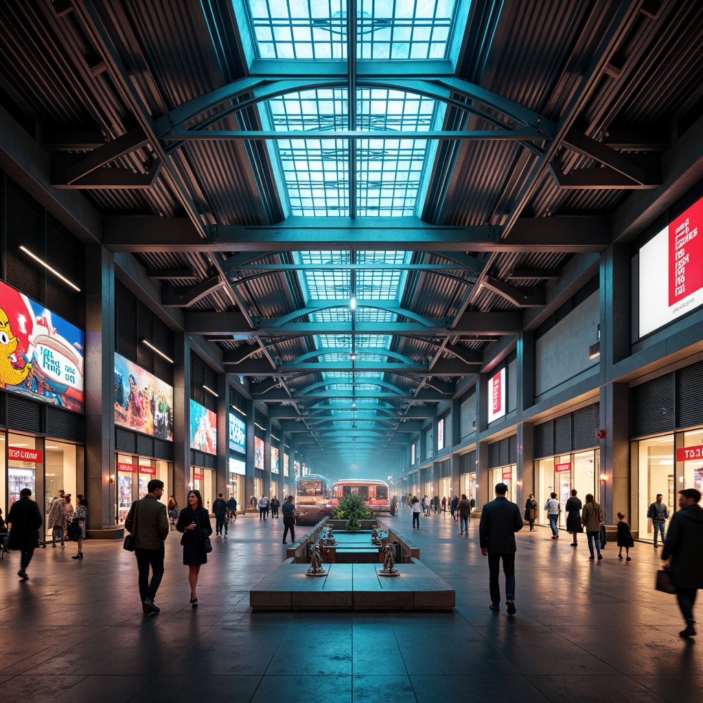 Prompt: Vibrant urban landscape, modern train station, sleek metallic structures, glass ceilings, industrial chic aesthetic, concrete floors, stainless steel accents, dynamic lighting systems, bold color scheme, bright signage, futuristic vibe, bustling atmosphere, morning rush hour, warm natural light, shallow depth of field, 1/1 composition, symmetrical framing, high-contrast colors, neon lights, urban textures, atmospheric fog, misty effect.