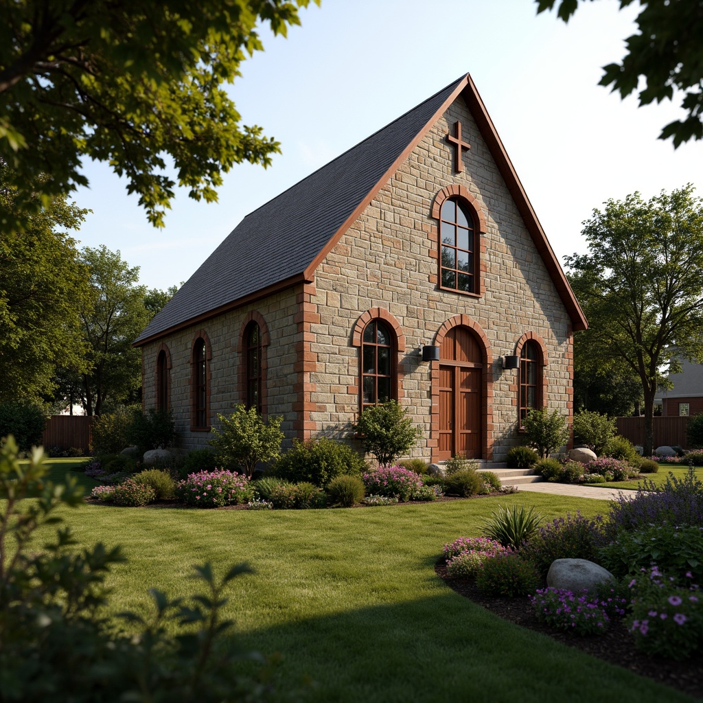 Prompt: Rustic suburban church, natural stone facade, stained glass windows, wooden doorways, steeply pitched roof, cruciform architecture, serene landscaping, lush greenery, vibrant flowers, peaceful atmosphere, soft warm lighting, shallow depth of field, 3/4 composition, panoramic view, realistic textures, ambient occlusion, earthy color palette, traditional design elements, ornate decorations, intricate stone carvings.