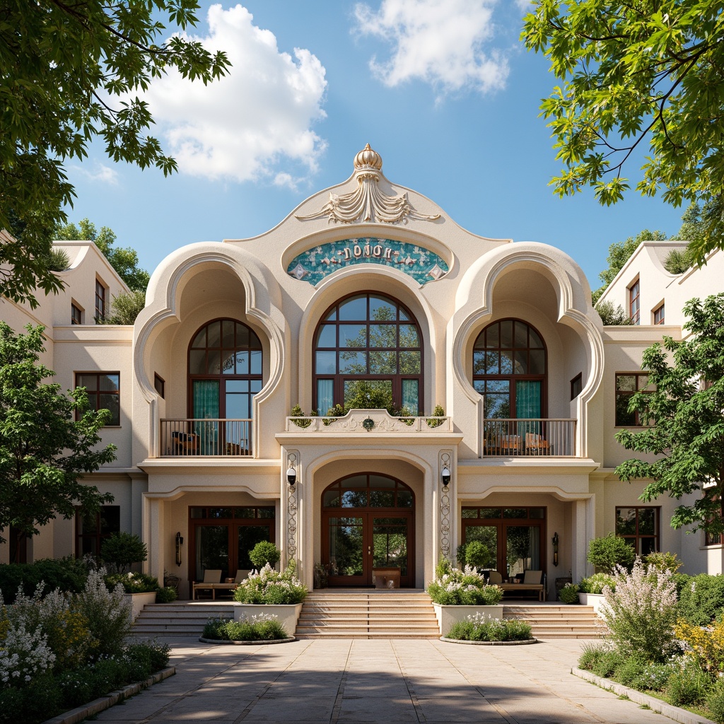 Prompt: Ornate gymnasium facade, flowing Art Nouveau lines, sinuous stone carvings, stained glass windows, ironwork balconies, grand entrance archways, decorative ceramic tiles, vibrant turquoise accents, lush greenery, blooming flowers, sunny day, soft warm lighting, shallow depth of field, 3/4 composition, panoramic view, realistic textures, ambient occlusion.