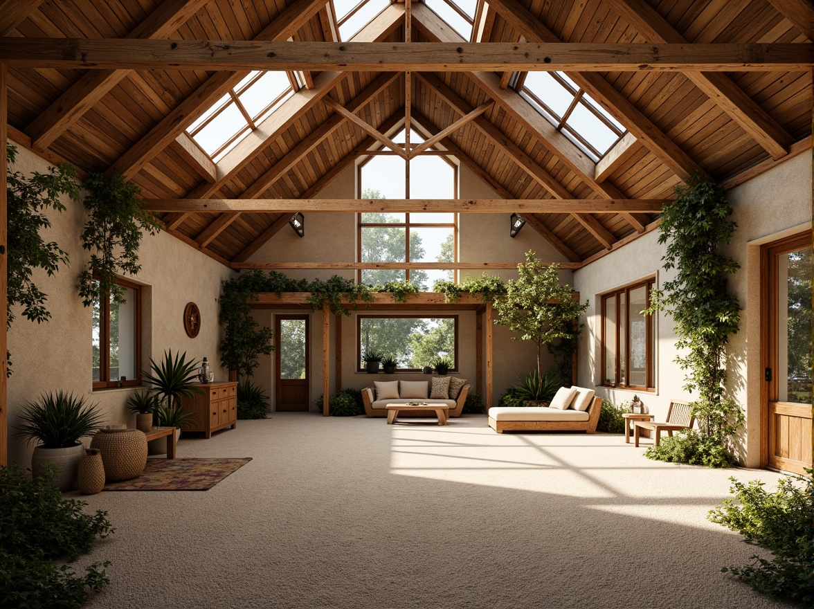 Prompt: Rustic barn, wooden beams, natural stone walls, earthy tones, abundant greenery, vines on walls, large windows, skylights, clerestory windows, transparent roofing, open spaces, minimalist decor, reclaimed wood accents, vintage farm tools, woven textiles, warm beige colors, soft diffused lighting, warm sunny day, shallow depth of field, 1/1 composition, panoramic view, realistic textures, ambient occlusion.Please let me know if you need any adjustments!