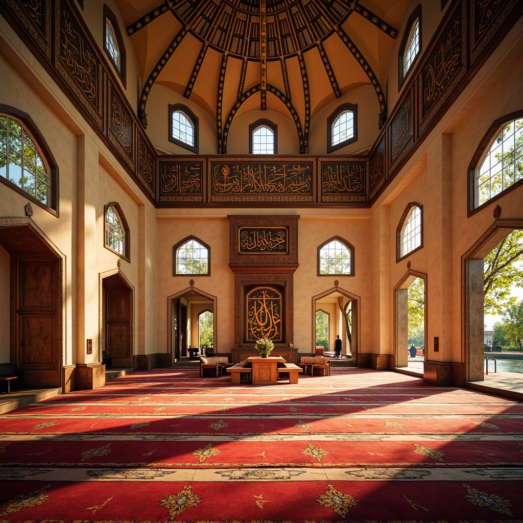 Prompt: Vibrant mosque interior, intricate Islamic patterns, warm golden lighting, prayer rugs, minbar, mihrab, dome-shaped ceiling, ornate chandeliers, natural stone flooring, wooden accents, stained glass windows, community gathering spaces, open courtyard, water feature, serene ambiance, shallow depth of field, 3/4 composition, panoramic view, realistic textures, ambient occlusion.