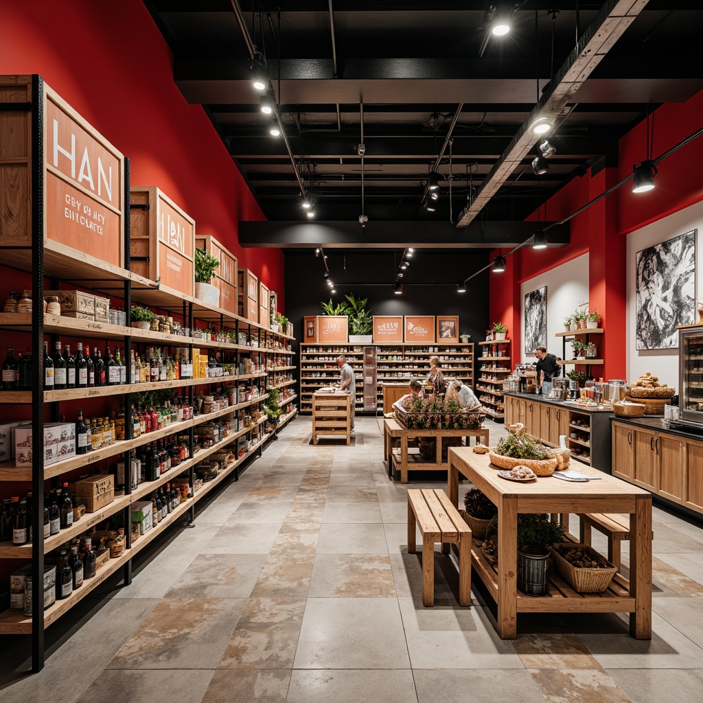 Prompt: Industrial-style grocery store, primary color scheme, bold red accents, functional typography, minimalist shelving units, exposed concrete floors, metal beam ceilings, geometric patterned tiles, angular display racks, reclaimed wood crates, urban lighting fixtures, abstract artwork, 1/2 composition, high-contrast photography, realistic textures, ambient occlusion.