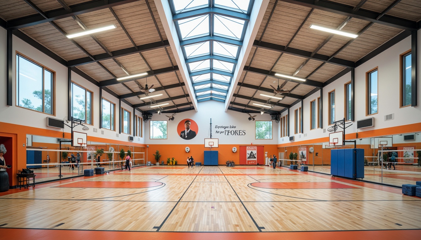 Prompt: Modern gymnasium interior, high ceilings, clerestory windows, natural lighting, wooden flooring, athletic equipment, basketball hoops, volleyball nets, exercise machines, free weights, mirrored walls, motivational quotes, sporty color schemes, bright accents, spacious open areas, minimal obstacles, unobstructed views, abundant ventilation, energy-efficient systems, eco-friendly materials, vibrant textures, shallow depth of field, 1/1 composition, panoramic view, realistic reflections.