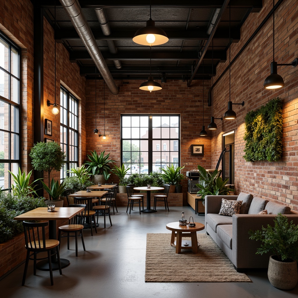 Prompt: Industrial-chic coffee shop, reclaimed wood accents, exposed brick walls, polished concrete floors, metal beams, urban loft atmosphere, cozy nooks, comfortable sofas, vintage factory lights, Edison bulbs, lush greenery, living walls, natural materials, earthy color palette, warm lighting, shallow depth of field, 1/2 composition, soft focus, realistic textures, ambient occlusion.