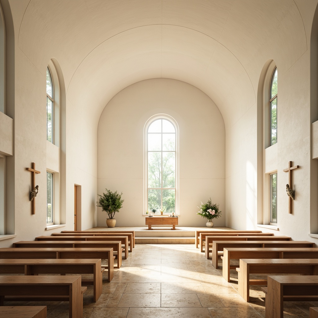 Prompt: Sleek modern chapel, minimalist white walls, warm beige stone floors, stained glass windows, subtle spiritual symbols, calming natural light, soft pastel colors, creamy whites, gentle grays, rich wood accents, elegant curves, simplistic shapes, serene ambiance, peaceful atmosphere, soft focus, shallow depth of field, 1/1 composition, warm golden lighting, realistic textures, ambient occlusion.