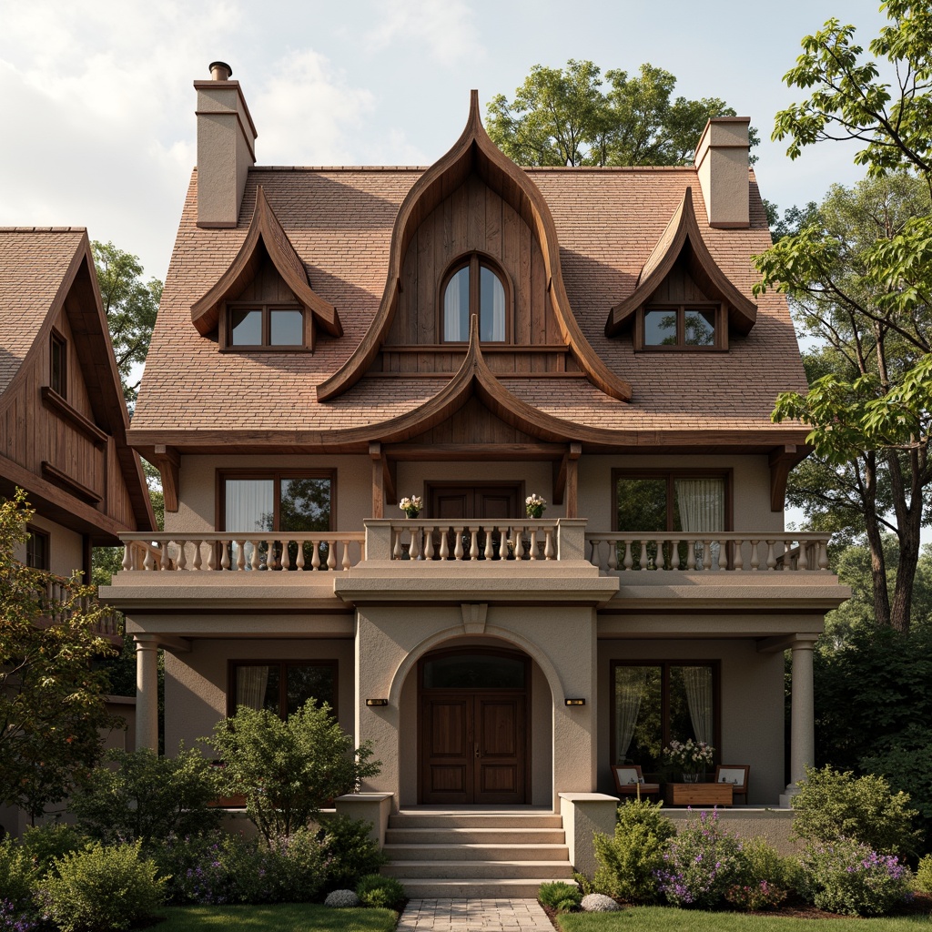 Prompt: Unique roofscape, asymmetrical rooflines, curved eaves, dormer windows, steeply pitched roofs, terra cotta tiles, ornate gables, rustic wooden beams, grand entranceways, majestic columns, stately chimneys, intricate stone carvings, subtle weathered textures, warm golden lighting, soft focus effect, 1/2 composition, atmospheric perspective.