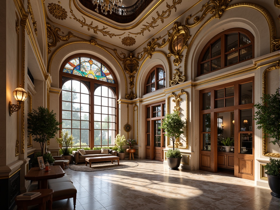 Prompt: Ornate dental clinic, grandiose facade, intricate stone carvings, golden accents, curved lines, ornamental details, large windows, stained glass, arched doorways, marble floors, lavish interior decor, crystal chandeliers, soft warm lighting, shallow depth of field, 3/4 composition, panoramic view, realistic textures, ambient occlusion.