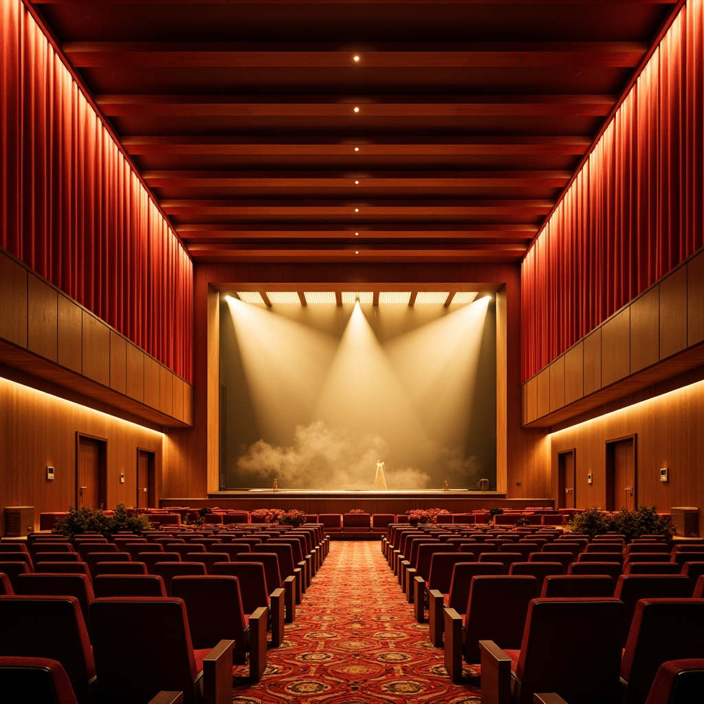 Prompt: Vibrant auditorium interior, bold color scheme, warm golden lighting, rich wood tones, velvety red curtains, sleek metal accents, geometric patterned carpets, comfortable seating, acoustic panels, soundproofing materials, minimalist stage design, subtle texture contrasts, soft ambient glow, 1/1 composition, dramatic spotlighting, realistic fabric textures, atmospheric misty effect.