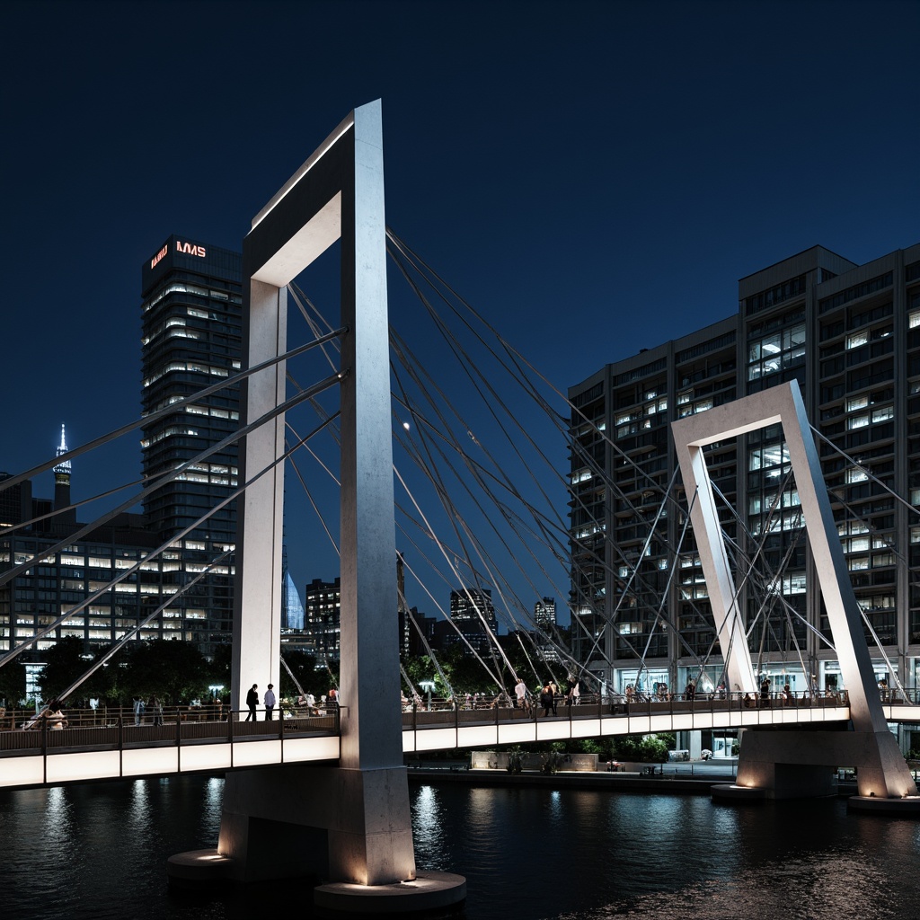 Prompt: Futuristic bridge, sleek metal beams, angular lines, minimalist design, high-strength steel cables, suspension towers, modern pedestrian walkways, LED lighting systems, dynamic arches, cantilevered sections, asymmetrical shapes, reinforced concrete pillars, geometric latticework, metallic coatings, reflective surfaces, urban cityscape, dramatic nighttime illumination, shallow depth of field, 1/1 composition, realistic textures, ambient occlusion.