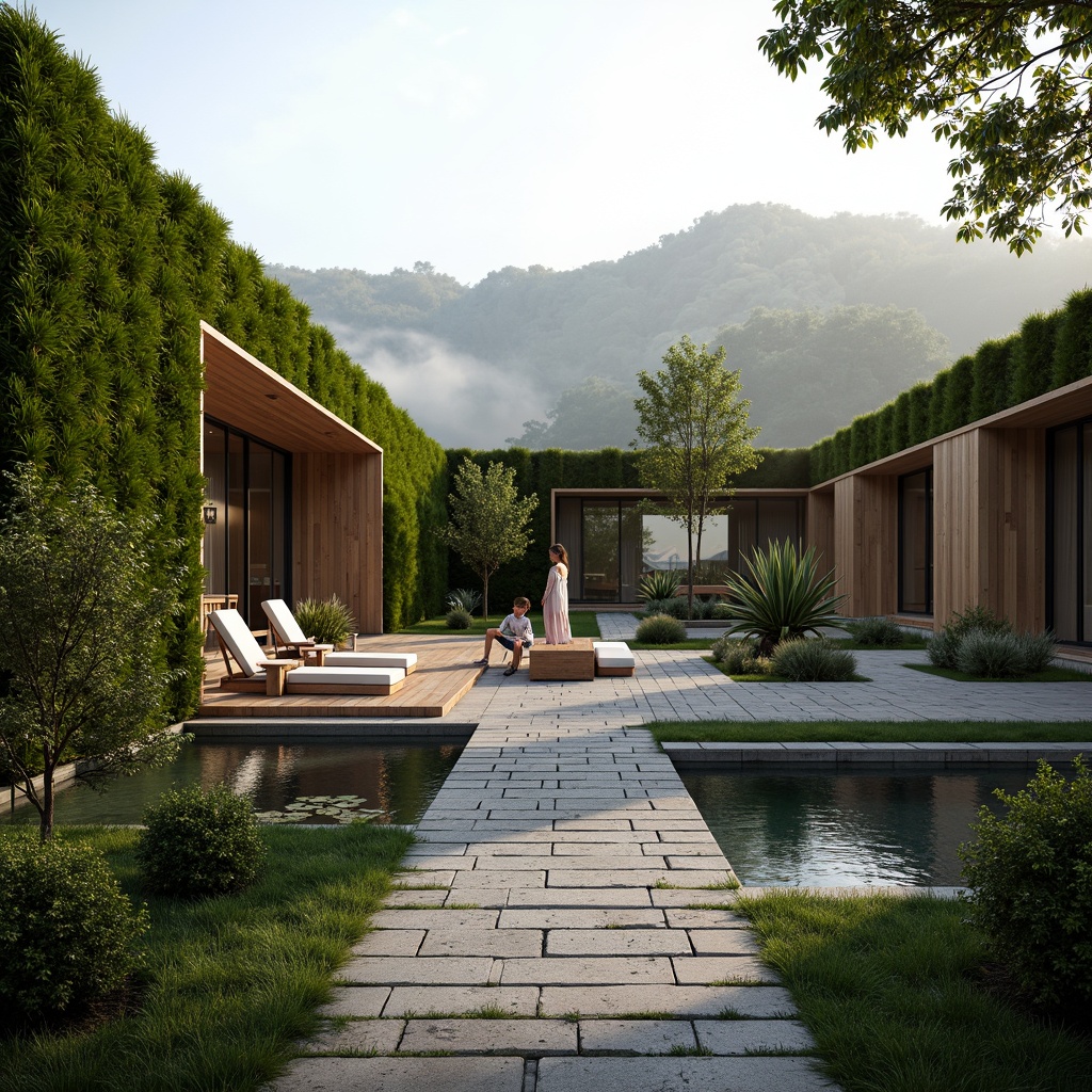 Prompt: Serene minimalist courtyard, lush green walls, natural stone pathways, simple water features, modern low-rise buildings, clean lines, minimal ornamentation, large windows, sliding glass doors, subtle lighting, soft shadows, shallow depth of field, 3/4 composition, panoramic view, realistic textures, ambient occlusion, surrounding hills, misty mornings, warm sunlight, rustic wooden accents, earthy color palette.