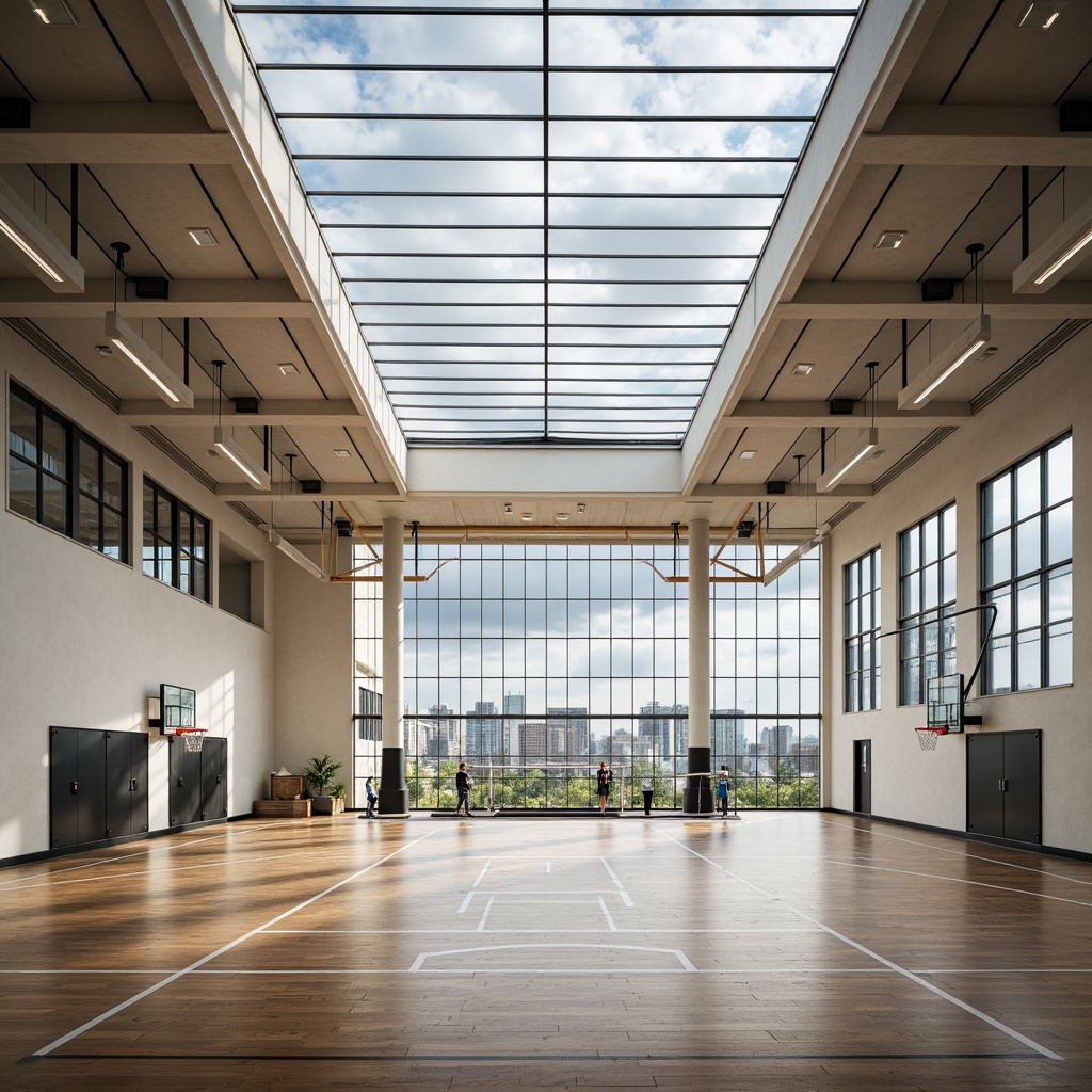 Prompt: Spacious gymnasium interior, translucent roofing materials, soft natural light, clerestory windows, polished wooden floors, sports equipment, basketball hoops, volleyball nets, athletic tracks, minimalist decor, modern architecture, sleek metal beams, industrial chic design, urban cityscape views, cloudy day, softbox lighting, shallow depth of field, 1/1 composition, realistic textures, ambient occlusion.