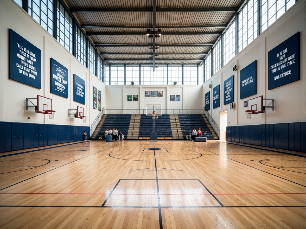 Prompt: Spacious gymnasium interior, high ceilings, clerestory windows, abundant natural light, wooden flooring, basketball courts, sports equipment, bleacher seating, motivational quotes, athletic colors, modern architecture, steel beams, concrete walls, minimalist design, indirect lighting, soft shadows, 1/1 composition, shallow depth of field, realistic textures, ambient occlusion.