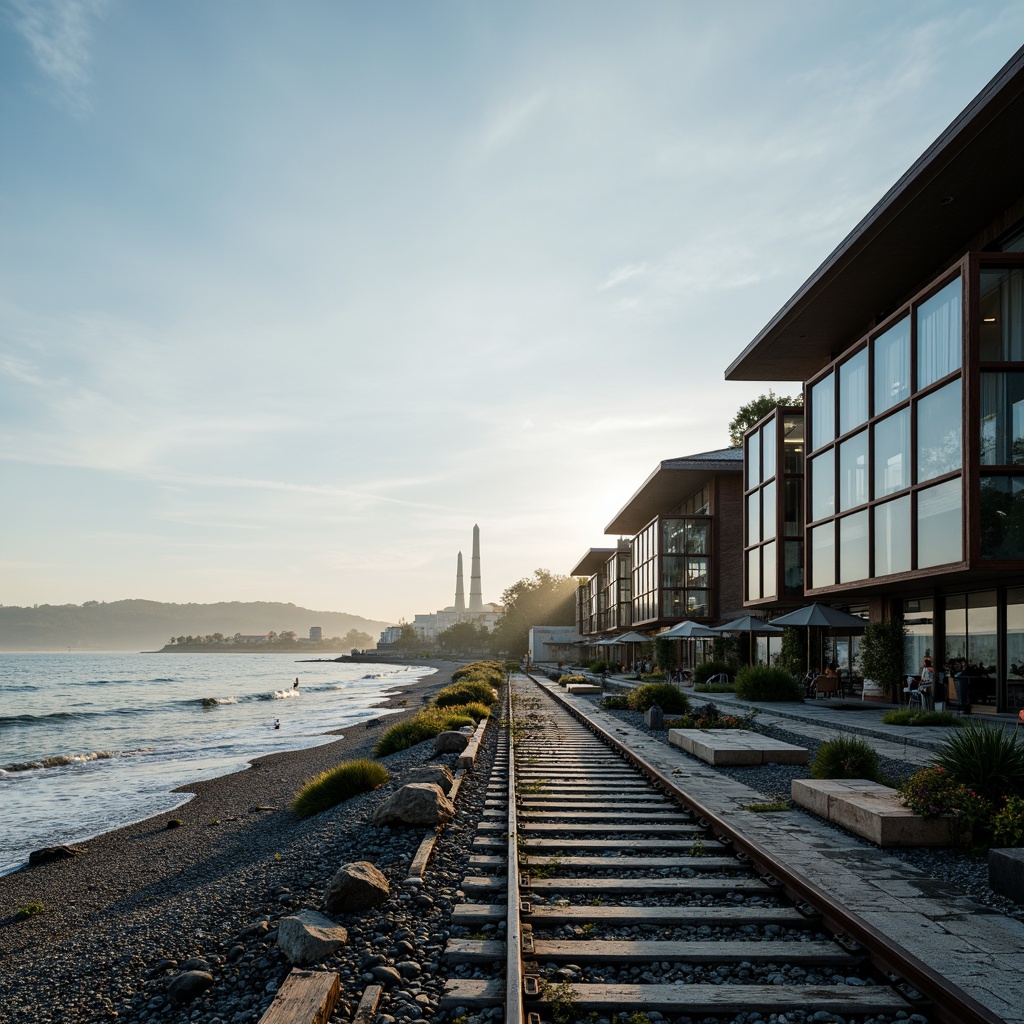 Prompt: Oceanic waves, sandy beaches, sea salt air, nautical ropes, wooden piers, rustic train tracks, vintage locomotives, modern coastal architecture, large glass windows, metal frames, cantilevered roofs, wave-inspired design, ocean blue hues, seagull silhouettes, driftwood textures, misty morning light, soft warm glow, shallow depth of field, 2/3 composition, symmetrical framing, realistic atmospheric effects.