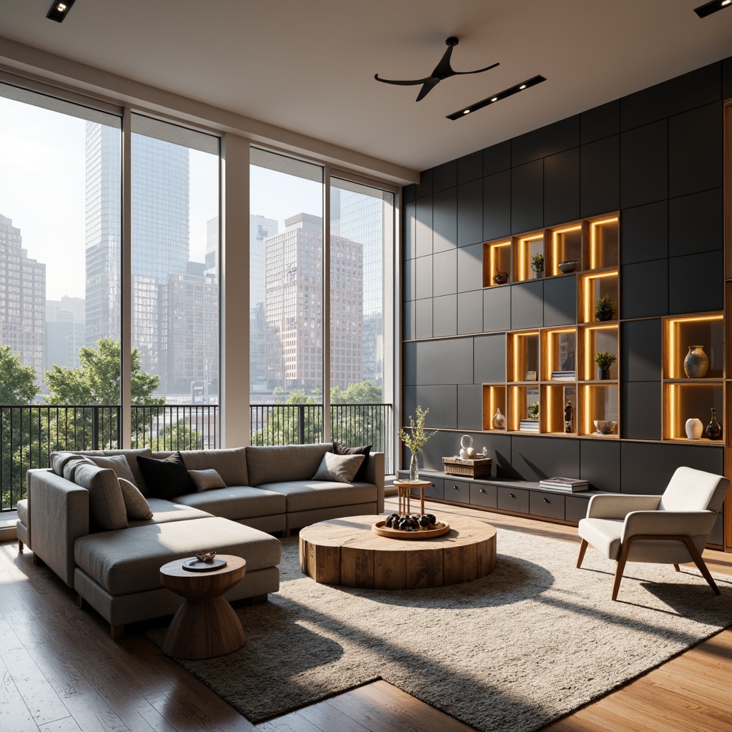 Prompt: Modern living room, minimalistic decor, sleek lines, monochromatic color scheme, comfortable sofas, geometric coffee tables, floor-to-ceiling windows, natural light pouring in, urban cityscape views, 3/4 composition, shallow depth of field, warm soft lighting, cozy atmosphere, functional storage solutions, built-in shelving units, sliding doors, space-saving furniture designs, eco-friendly materials, vibrant accent walls, patterned rugs, ambient occlusion.