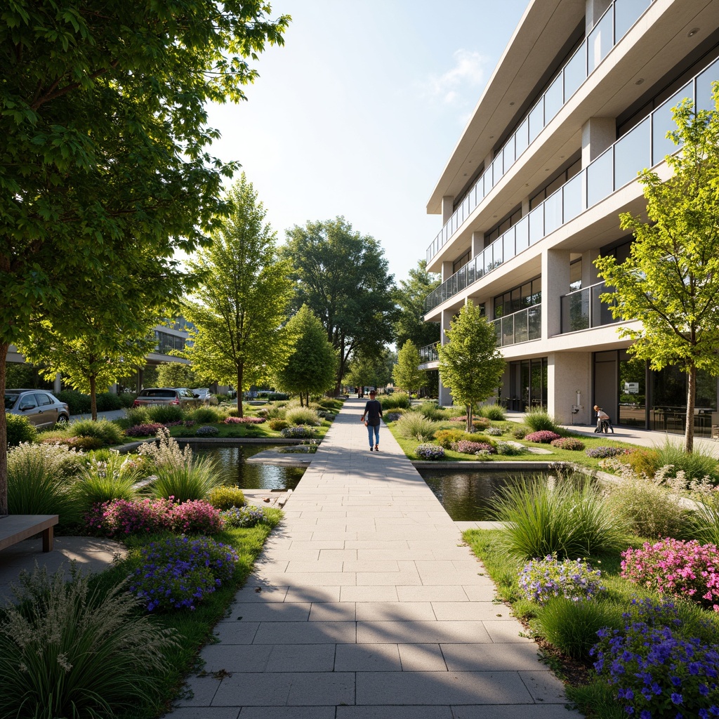 Prompt: Soothing hospital gardens, lush greenery, vibrant flowers, meandering pathways, therapeutic water features, calming seating areas, natural stone walkways, modern hospital architecture, large windows, glass doors, blooming trees, sunny day, soft warm lighting, shallow depth of field, 3/4 composition, panoramic view, realistic textures, ambient occlusion.