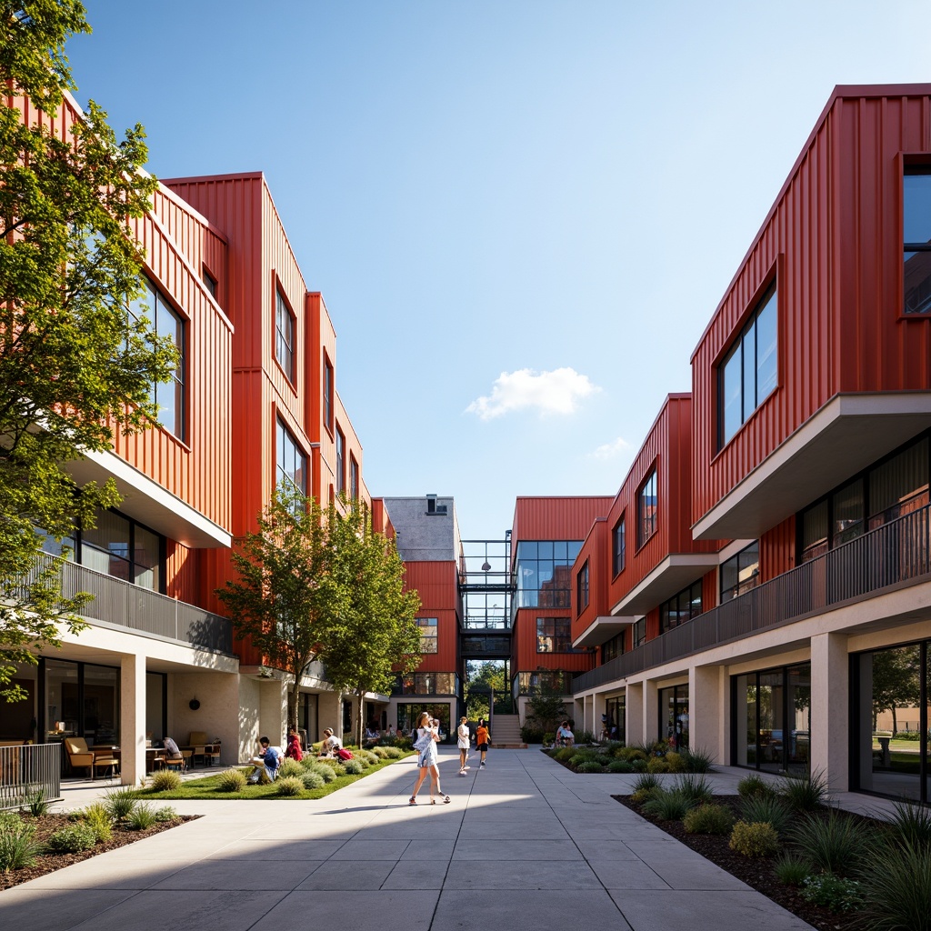 Prompt: Vibrant high school building, eclectic rooflines, asymmetrical gables, bold colored accents, industrial metal cladding, large skylights, clerestory windows, modern minimalist design, sustainable materials, exposed ductwork, open floor plans, collaborative learning spaces, flexible seating arrangements, natural light flooding, warm inviting atmosphere, shallow depth of field, 1/2 composition, dramatic angular shadows, realistic textures, ambient occlusion.