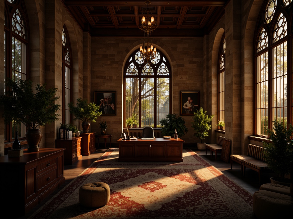 Prompt: Dimly lit office space, ornate stone walls, vaulted ceilings, stained glass windows, intricate wooden carvings, dramatic archways, mysterious ambiance, warm golden lighting, soft shadows, majestic chandeliers, luxurious furnishings, rich velvet fabrics, dark wood tones, ornamental ironwork, grandeur atmosphere, high contrast ratio, low key lighting, cinematic composition, dramatic focal points, mystical mood.