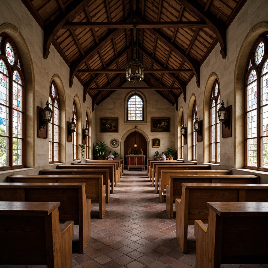 Prompt: Rustic wooden pews, natural stone walls, stained glass windows, traditional slate roofs, earthy terracotta floors, ornate metal door handles, distressed wood accents, vintage lanterns, sacred murals, vaulted ceilings, Romanesque arches, Gothic-inspired columns, weathered copper cladding, worn brick facades, mysterious ambient lighting, soft warm color palette, 1/2 composition, symmetrical framing, high contrast ratio, cinematic atmosphere.