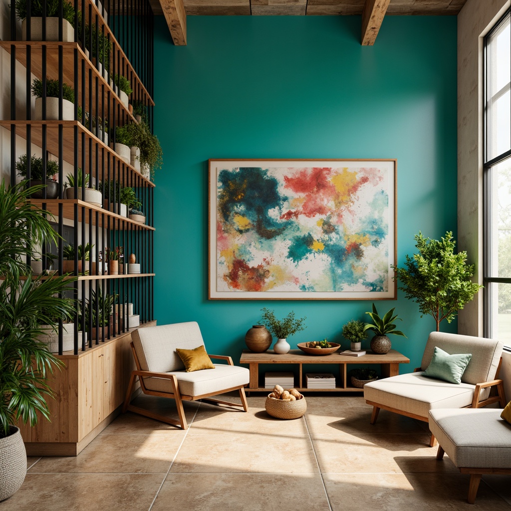 Prompt: Inspired creative workspace, vibrant turquoise walls, warm beige flooring, eclectic furniture, industrial metal accents, reclaimed wood shelves, lush greenery, natural stone textures, abstract artwork, modern minimalist decor, soft warm lighting, shallow depth of field, 3/4 composition, panoramic view, realistic textures, ambient occlusion.