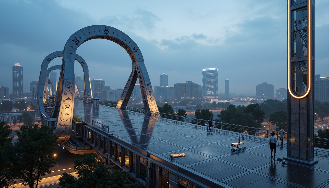 Prompt: Futuristic bridge architecture, sleek metallic structures, neon-lit accents, LED lighting systems, curved lines, geometric shapes, high-strength cables, suspended walkways, transparent glass floors, steel beams, modern urban landscape, city skyline, misty atmosphere, soft warm glow, shallow depth of field, 3/4 composition, panoramic view, realistic textures, ambient occlusion.