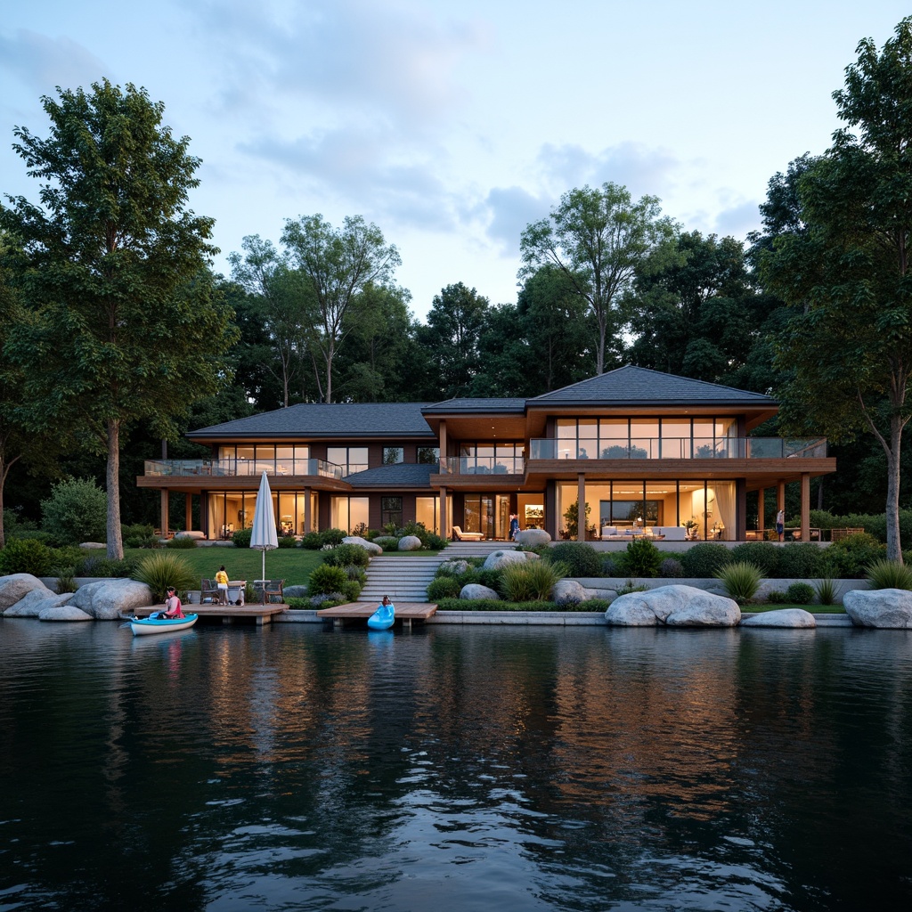 Prompt: Lakefront homes, natural shoreline, serene water reflections, surrounding lush forests, towering trees, wooden docks, sailboats, kayaks, paddleboards, outdoor fireplaces, stone patios, modern architecture, large windows, sliding glass doors, waterfront views, soft warm lighting, shallow depth of field, 3/4 composition, panoramic view, realistic textures, ambient occlusion.