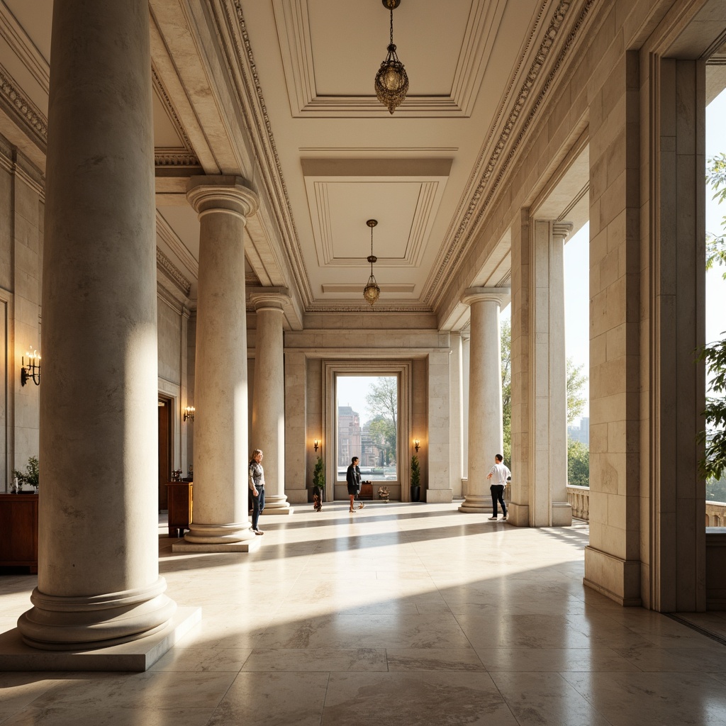 Prompt: Grand banking hall, neoclassical columns, ornate capitals, rusticated bases, polished marble floors, intricate moldings, high ceilings, large windows, natural light pouring in, soft warm atmosphere, subtle shading, realistic textures, ambient occlusion, symmetrical composition, central axis, radial balance, formal entrance, bronze door handles, luxurious furnishings, rich wood paneling, ornate chandeliers, subtle color palette, creamy whites, warm beiges.