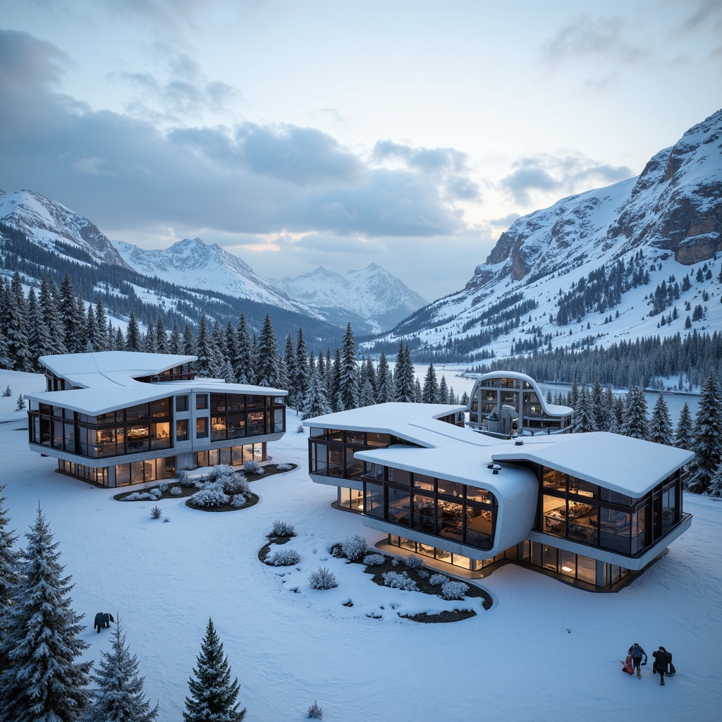 Prompt: Deformed ski center structures, fragmented rooflines, irregularly shaped buildings, metallic cladding materials, abstract sculptural elements, futuristic snow-covered peaks, misty mountainous backdrop, dramatic chiaroscuro lighting, dynamic camera angles, low-angle shots, 2.5D composition, cinematic atmosphere, high-contrast textures, ambient Occlusion, snowflake-inspired patterns, icy blue color palette, angular lines, avant-garde architectural forms, experimental spatial configurations.