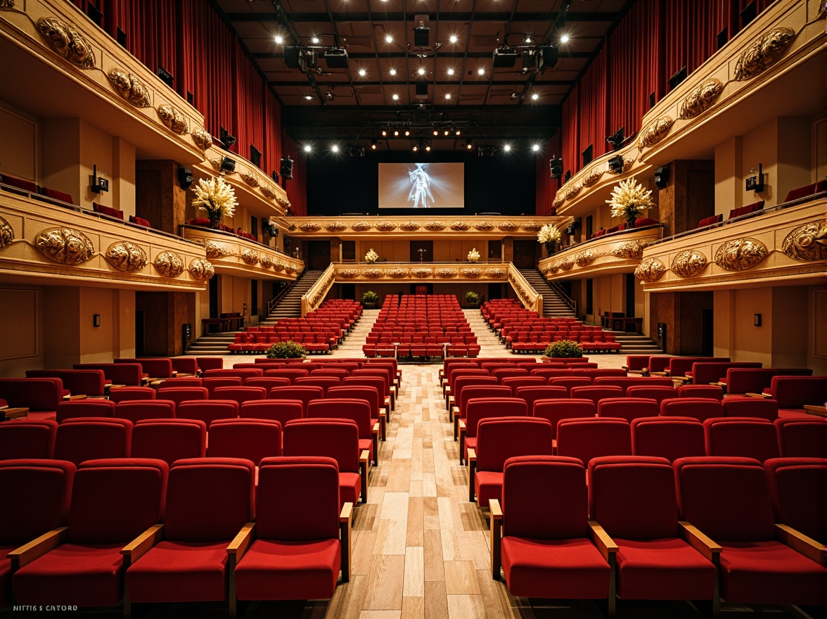 Prompt: Elegant auditorium interior, curved rows of seating, plush red velvet chairs, polished wooden floors, ornate golden balconies, grand chandeliers, sweeping staircases, luxurious VIP areas, state-of-the-art sound systems, projection screens, theatrical lighting rigs, dramatic ceiling heights, symmetrical architecture, 1/1 composition, softbox lighting, warm color temperatures, realistic shadows, ambient occlusion.