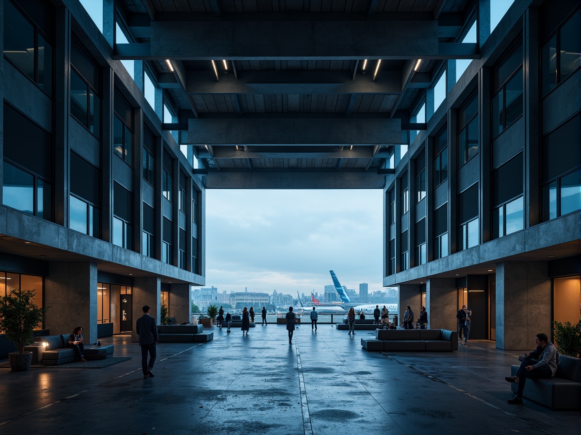 Prompt: Navy blue brutalist airport terminal, exposed concrete structures, industrial steel beams, rugged stone walls, minimalist seating areas, functional fluorescent lighting, urban cityscape views, cloudy grey skies, dramatic shadows, high contrast ratios, cinematic atmosphere, symmetrical composition, abstract textures, realistic reflections, atmospheric misting effects.