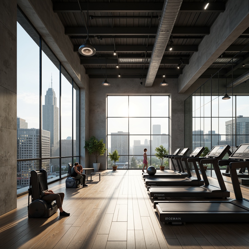 Prompt: Modern fitness club, minimalist architecture, clean lines, monochromatic color scheme, industrial materials, exposed concrete walls, steel beams, floor-to-ceiling windows, natural light, urban cityscape, morning sunlight, soft shadows, shallow depth of field, 1/1 composition, realistic textures, ambient occlusion, sleek exercise equipment, mirrored walls, wooden floors, calm atmosphere, subtle branding, neutral tones, simplicity emphasis.