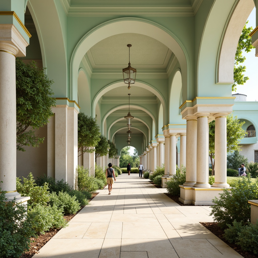 Prompt: Soft mint walls, creamy white columns, warm beige floors, ornate gold accents, lush greenery, delicate florals, elegant archways, refined lines, subtle texture, natural stone pathways, serene ambiance, softbox lighting, 1/1 composition, intimate focal length, realistic rendering.