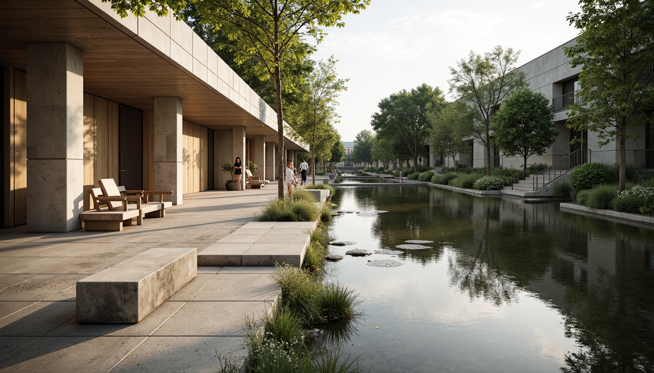 Prompt: Riverbank setting, minimalist limestone architecture, serene water reflections, gentle river flow, lush greenery, natural stone walkways, weathered wooden benches, rustic metal railings, simple geometric patterns, soft warm lighting, shallow depth of field, 1/2 composition, panoramic view, realistic textures, ambient occlusion, subtle color palette, earthy tones, natural materials, organic forms, peaceful atmosphere.