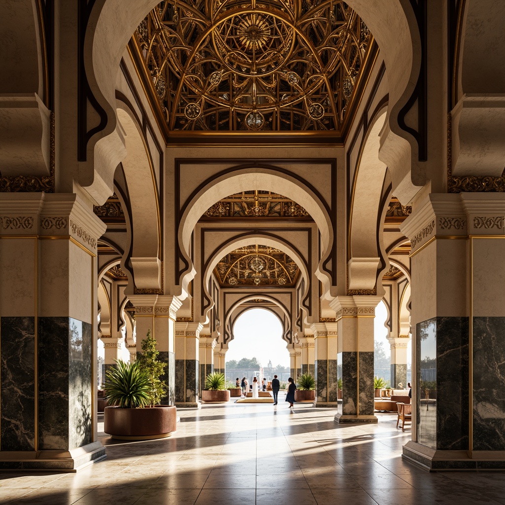 Prompt: Intricate ornamental arches, grand entranceways, Moorish-inspired architecture, elegant curves, lavish decorations, golden accents, luxurious materials, marble columns, ornate carvings, symmetrical composition, natural light pouring in, warm soft illumination, shallow depth of field, 1/1 aspect ratio, realistic textures, ambient occlusion.